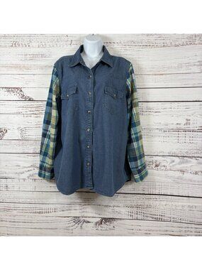 Country Store Blue Denim Button Plaid Long Sleeve Shirt